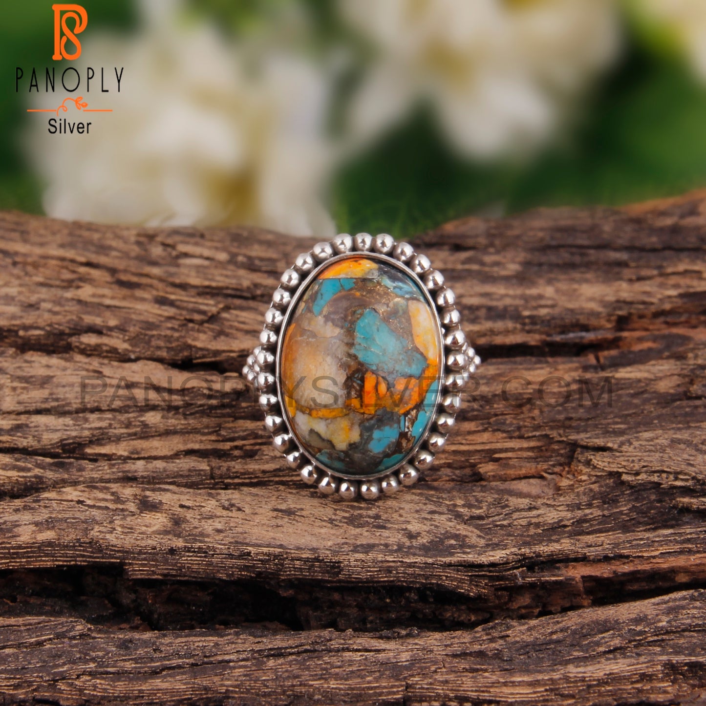 Hand hammered Mojave Bumblebee Turquoise Oval 925 Silver Ring