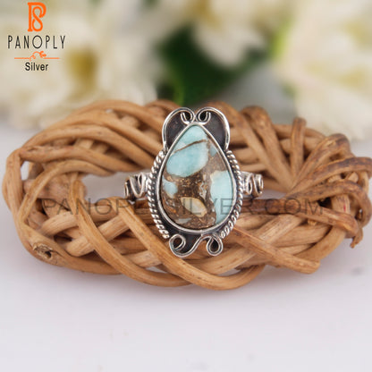 Mojave Copper Amazonite Pear Shape 925 Silver Oxidized Ring