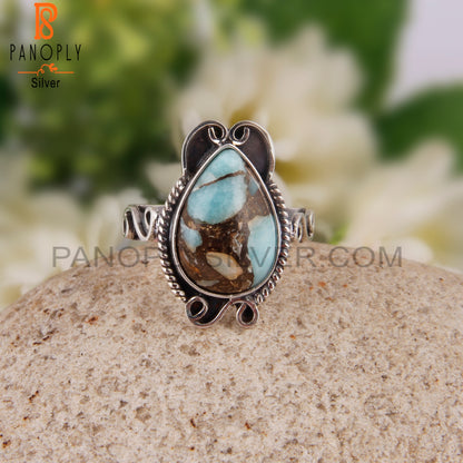 Mojave Copper Amazonite Pear Shape 925 Silver Oxidized Ring