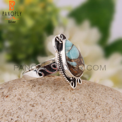 Mojave Copper Amazonite Pear Shape 925 Silver Oxidized Ring