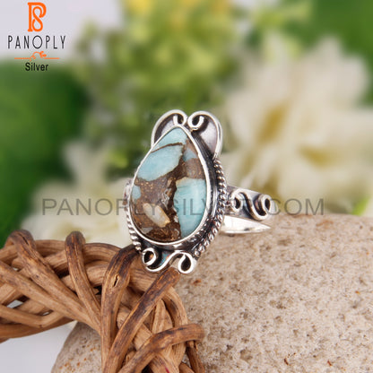 Mojave Copper Amazonite Pear Shape 925 Silver Oxidized Ring