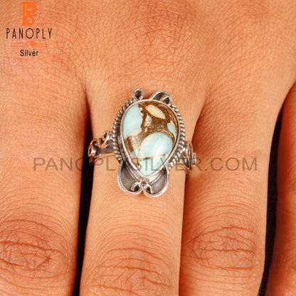 Mojave Copper Amazonite Pear Shape 925 Silver Oxidized Ring