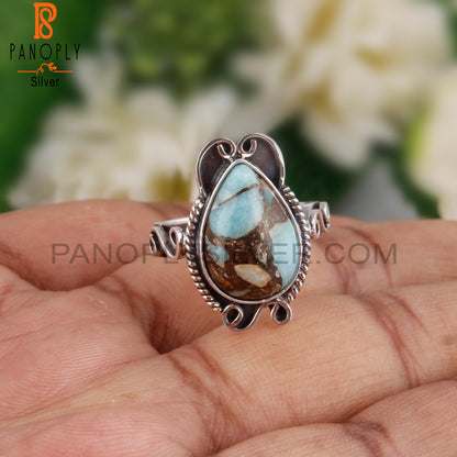 Mojave Copper Amazonite Pear Shape 925 Silver Oxidized Ring