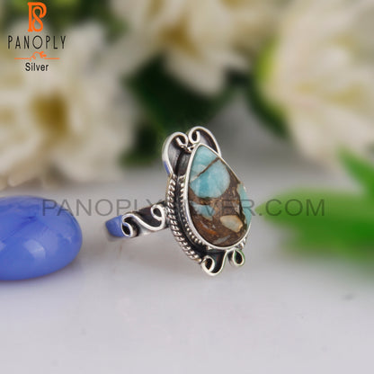 Mojave Copper Amazonite Pear Shape 925 Silver Oxidized Ring