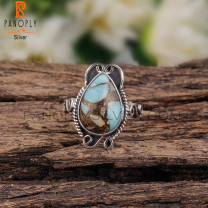 Mojave Copper Amazonite Pear Shape 925 Silver Oxidized Ring