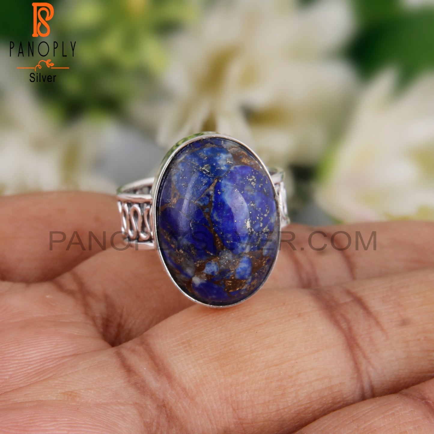 Mojave Copper Lapis Stone Oval 925 Silver Party Wear Ring