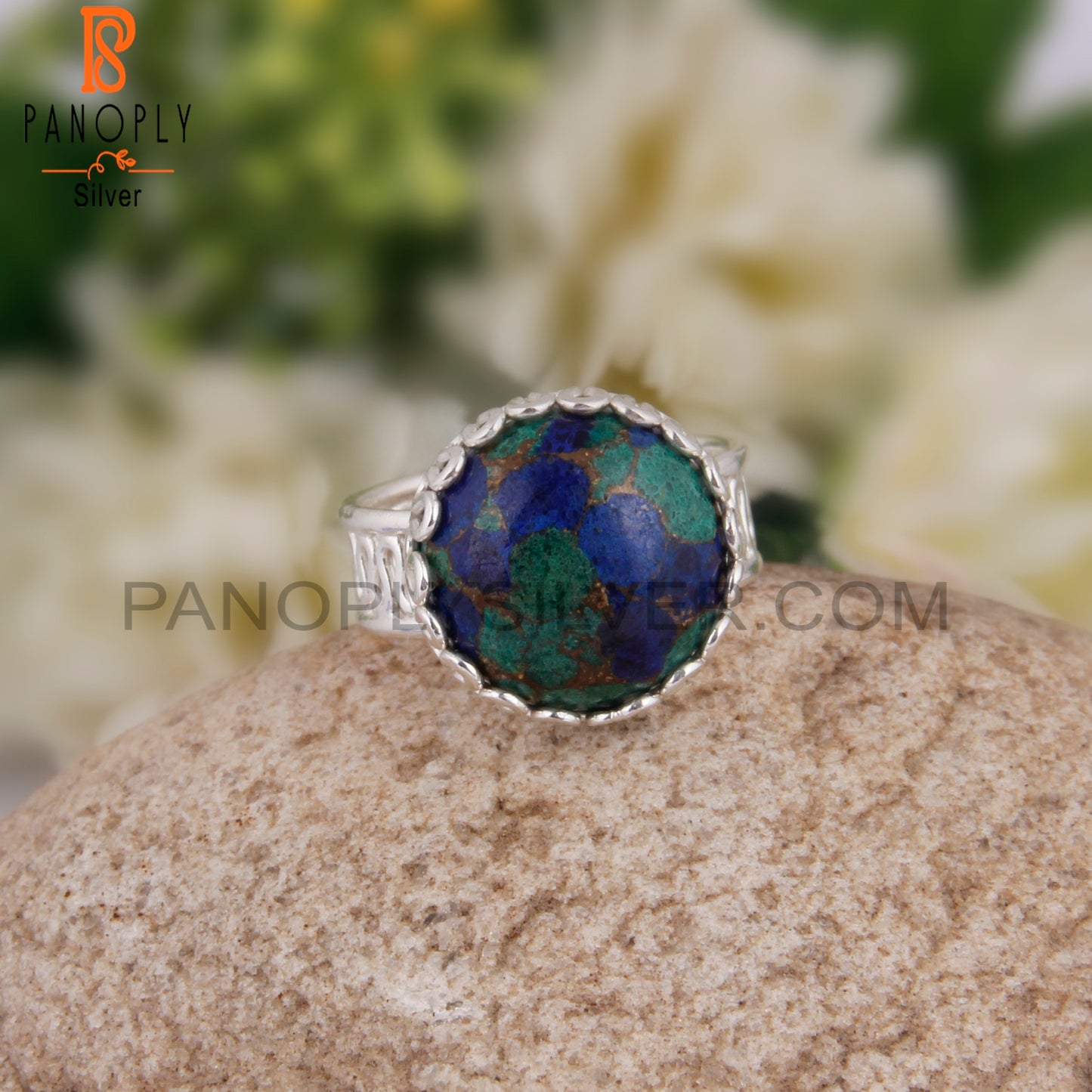 Rare Mojave Azurite Malachite Round 925 Silver Ring