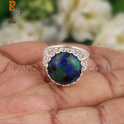 Rare Mojave Azurite Malachite Round 925 Silver Ring