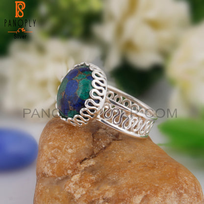 Rare Mojave Azurite Malachite Round 925 Silver Ring