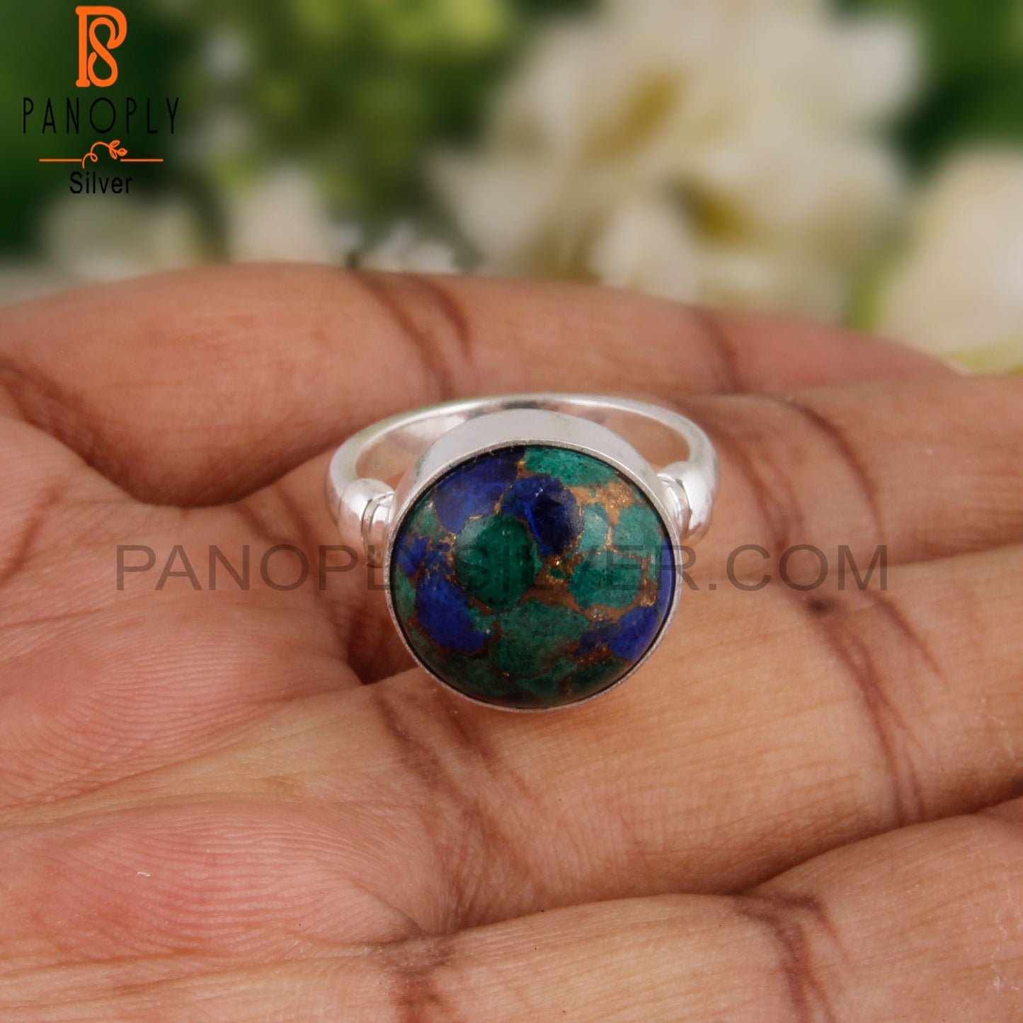 Designer Mojave Azurite Malachite Round 925 Silver Ring