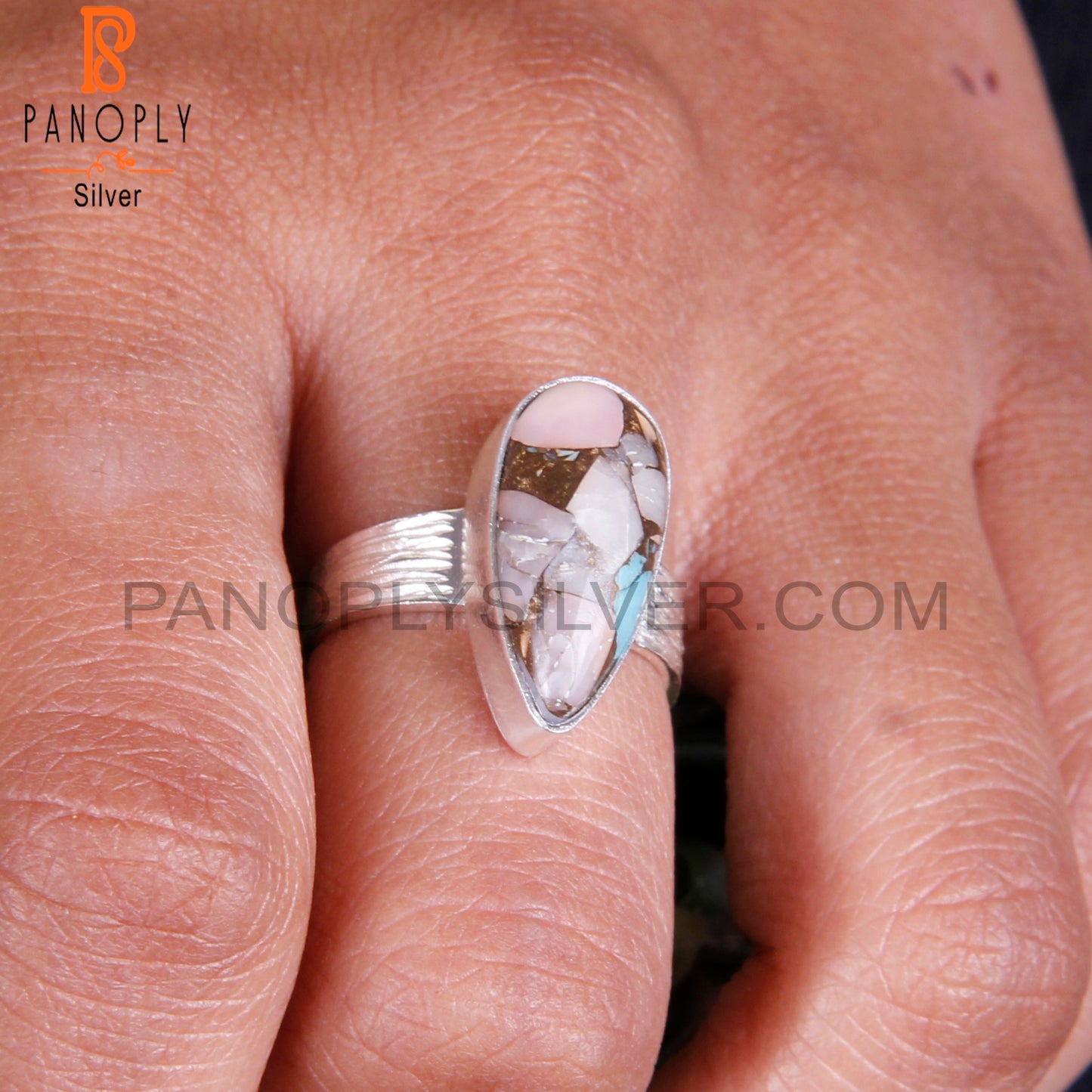 Mojave Pink Opal Turquoise Pear 925 Silver Pretty Ring