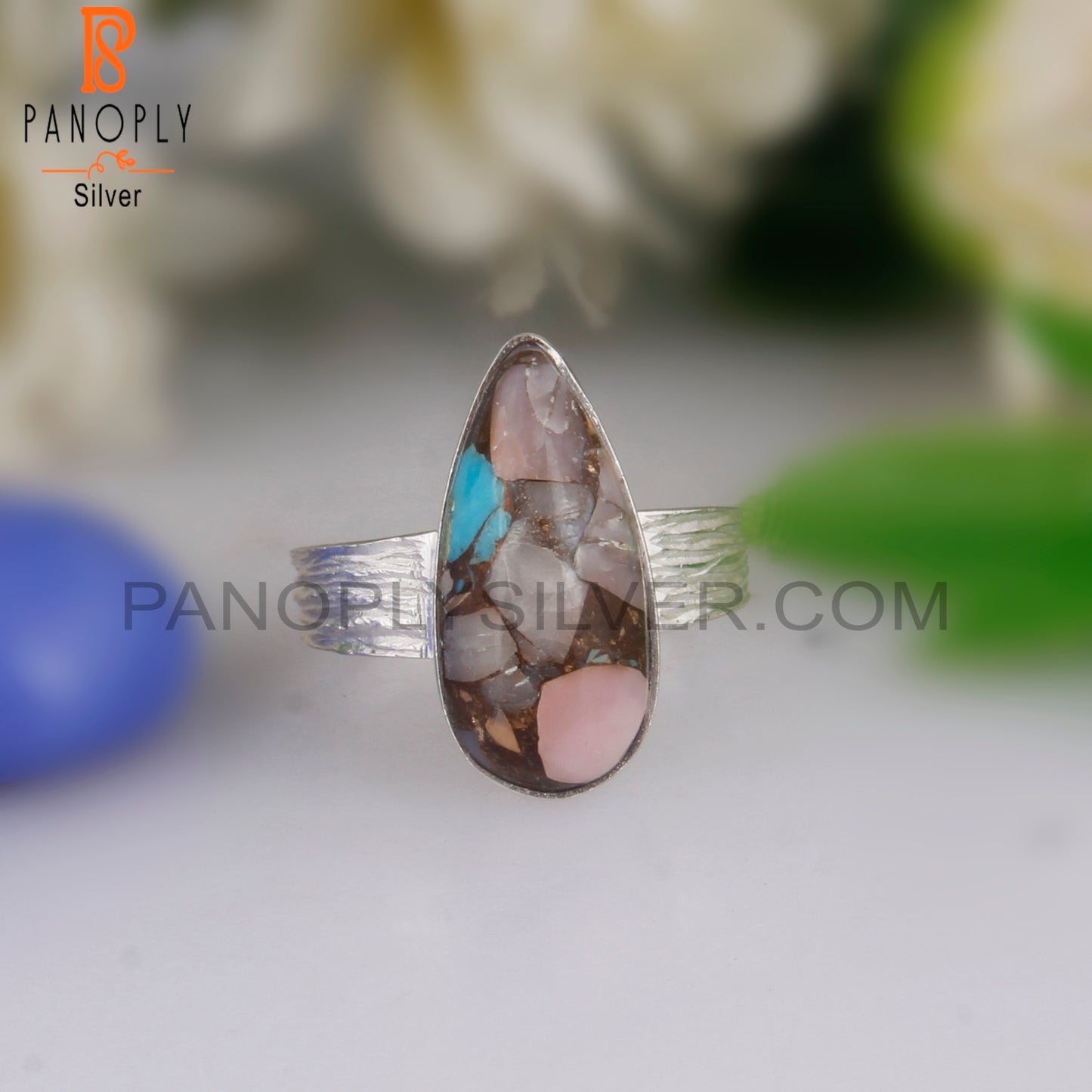 Mojave Pink Opal Turquoise Pear 925 Silver Pretty Ring