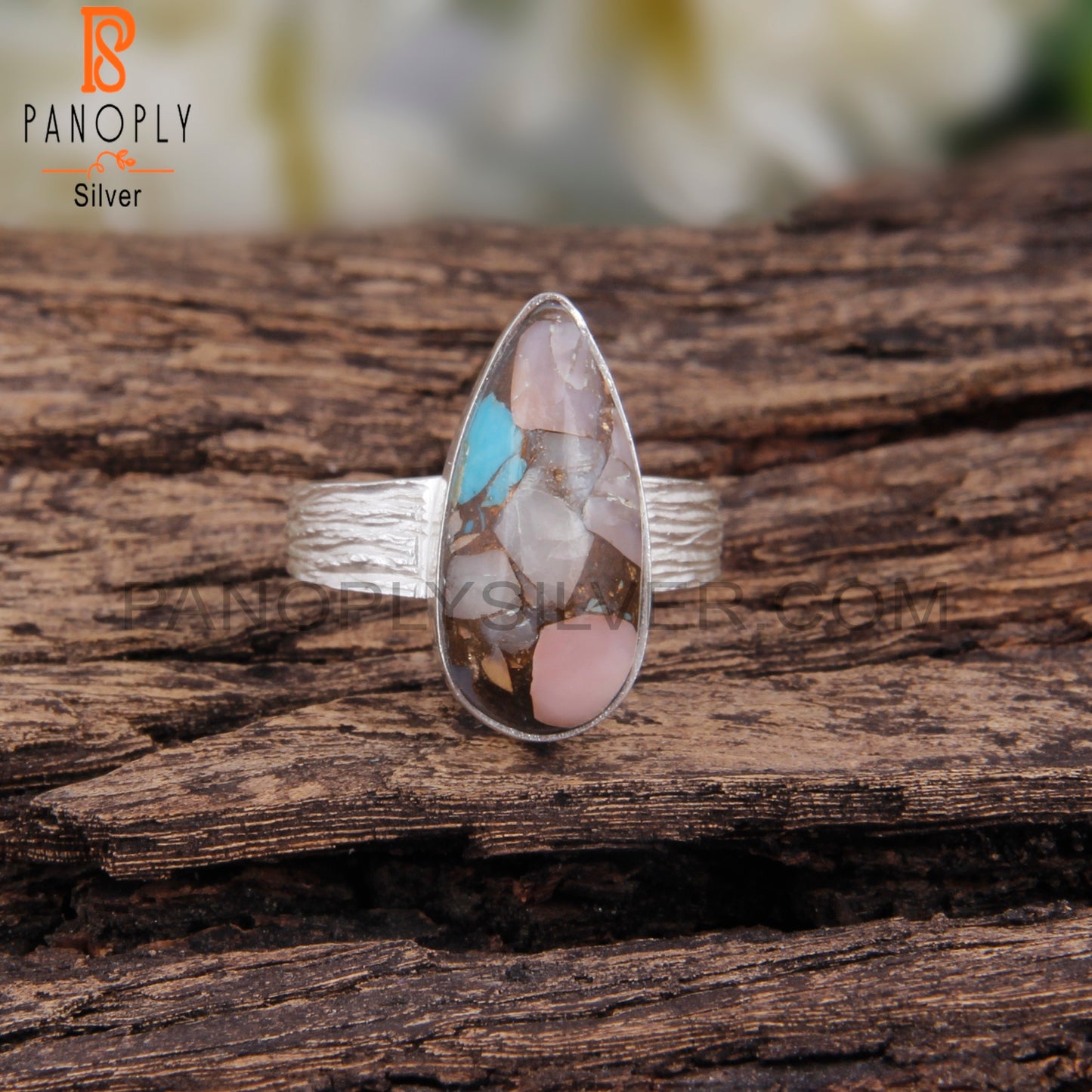 Mojave Pink Opal Turquoise Pear 925 Silver Pretty Ring