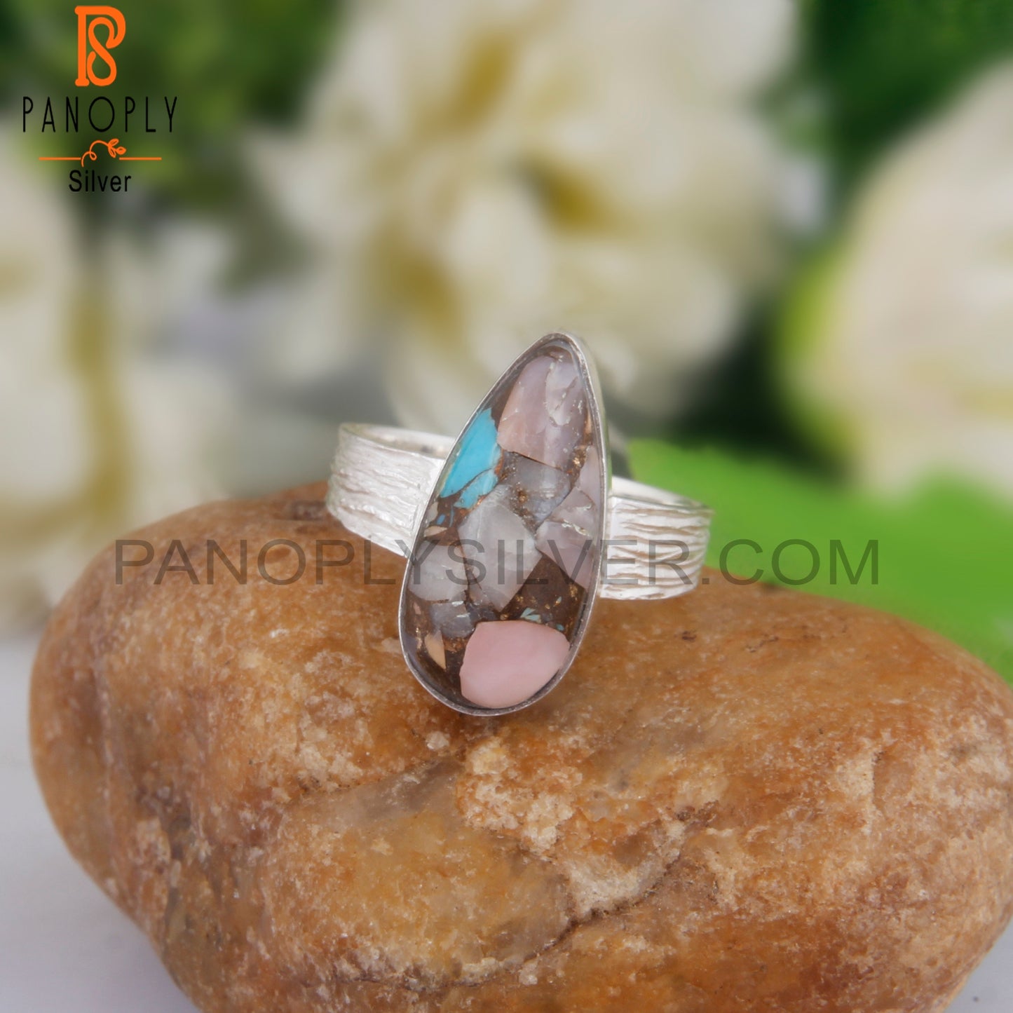 Mojave Pink Opal Turquoise Pear 925 Silver Pretty Ring
