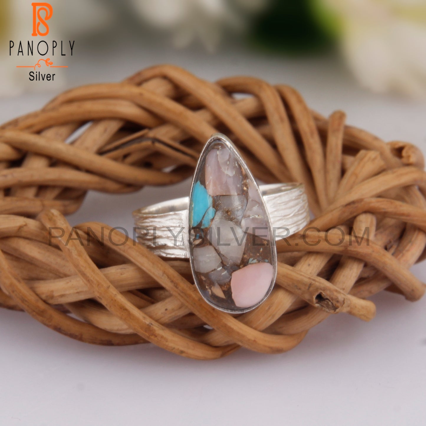 Mojave Pink Opal Turquoise Pear 925 Silver Pretty Ring