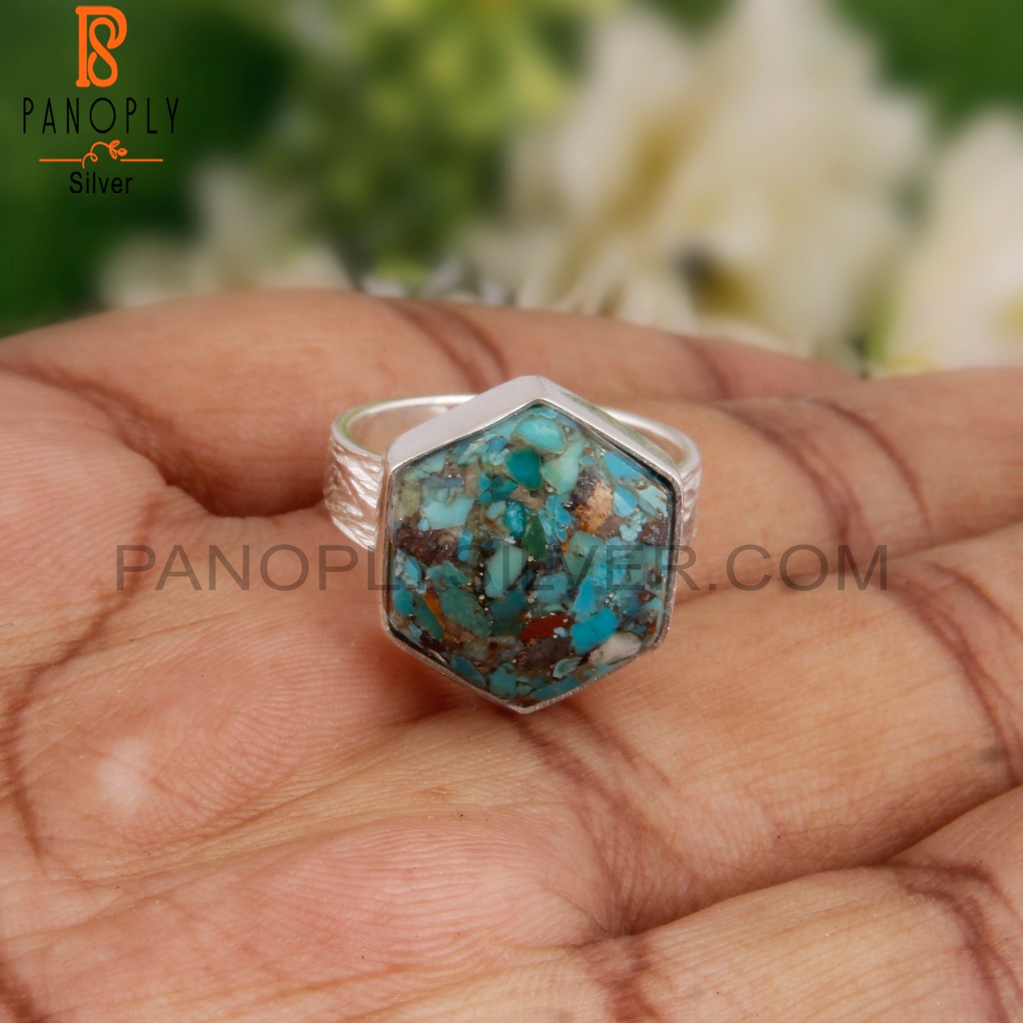 Rare Boulder Turquoise Hexagon Shape 925 Sterling Silver Ring