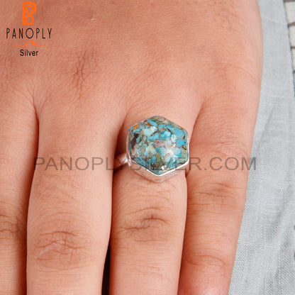 Boulder Turquoise Hexagon Shape 925 Sterling Silver Rare Ring