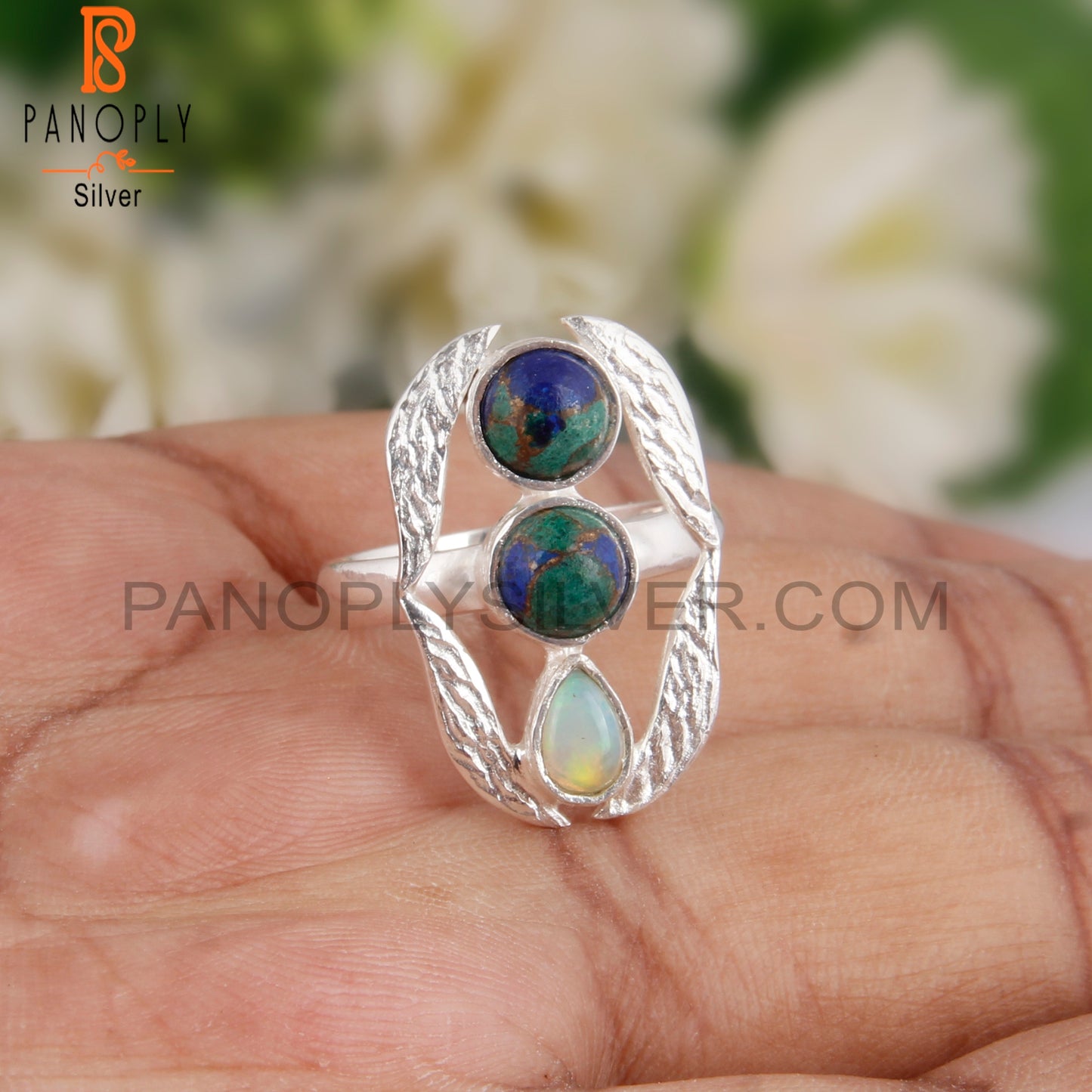 Mojave Azurite Malachite, Ethiopian Opal 925 Silver Gift Ring