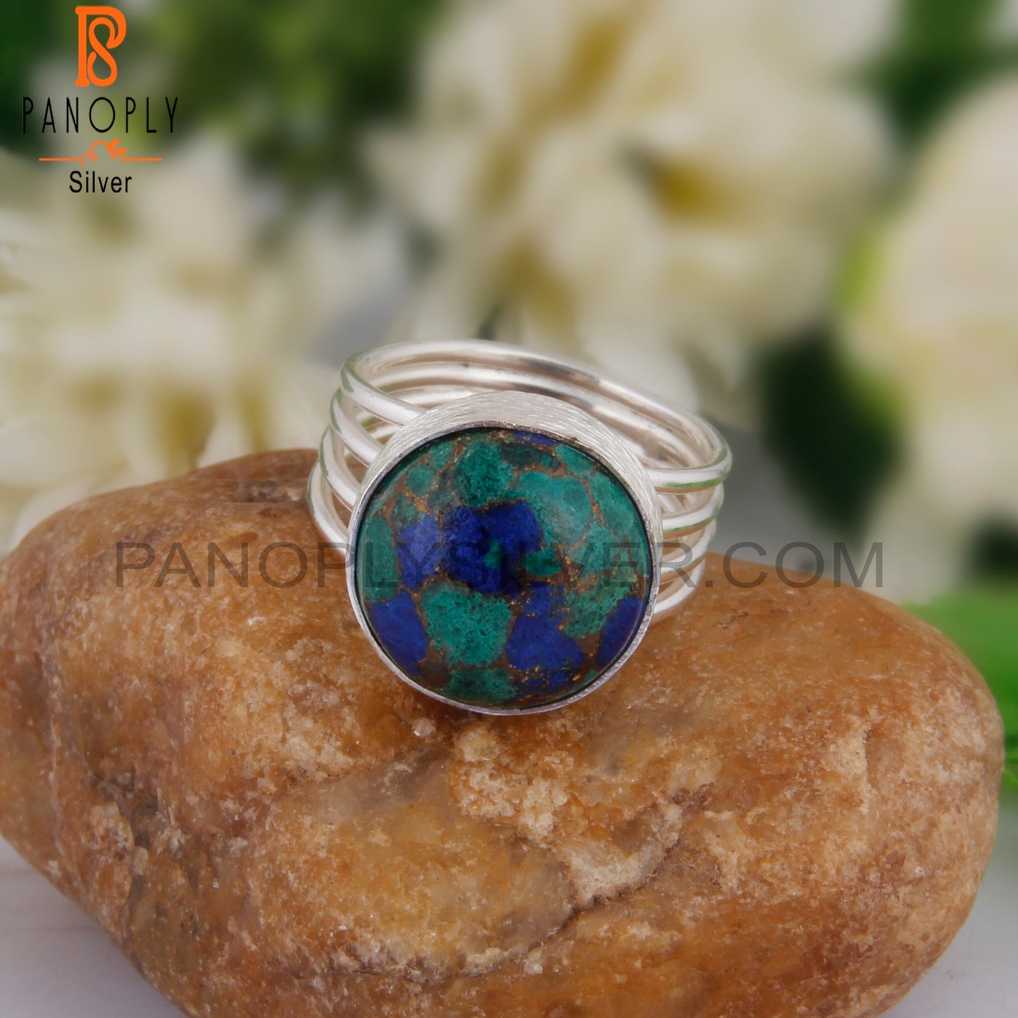 Dainty Mojave Azurite Malachite Round 925 Sterling Silver Ring