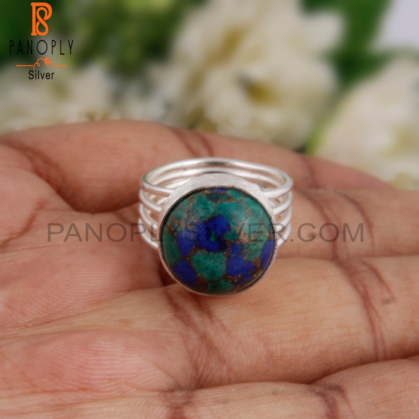 Dainty Mojave Azurite Malachite Round 925 Sterling Silver Ring