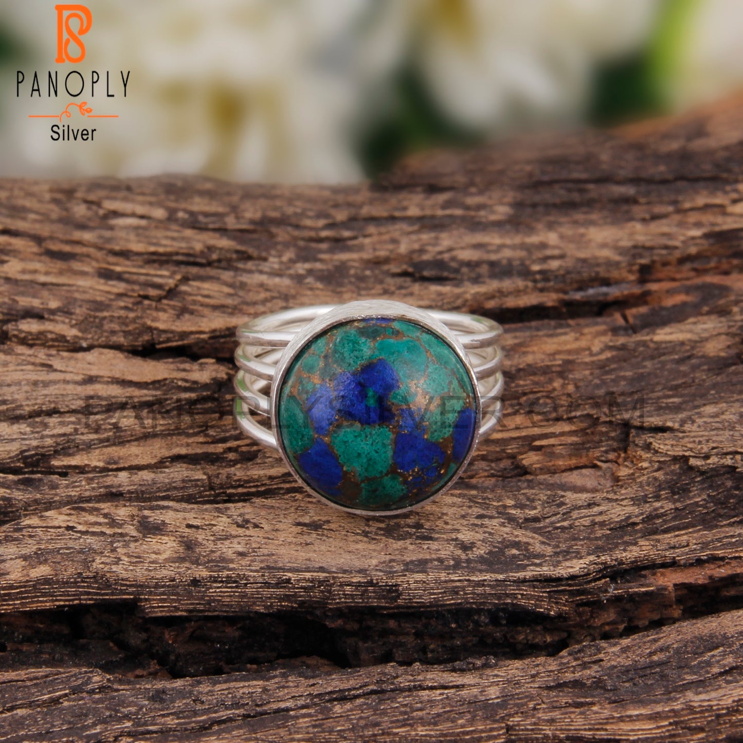 Dainty Mojave Azurite Malachite Round 925 Sterling Silver Ring