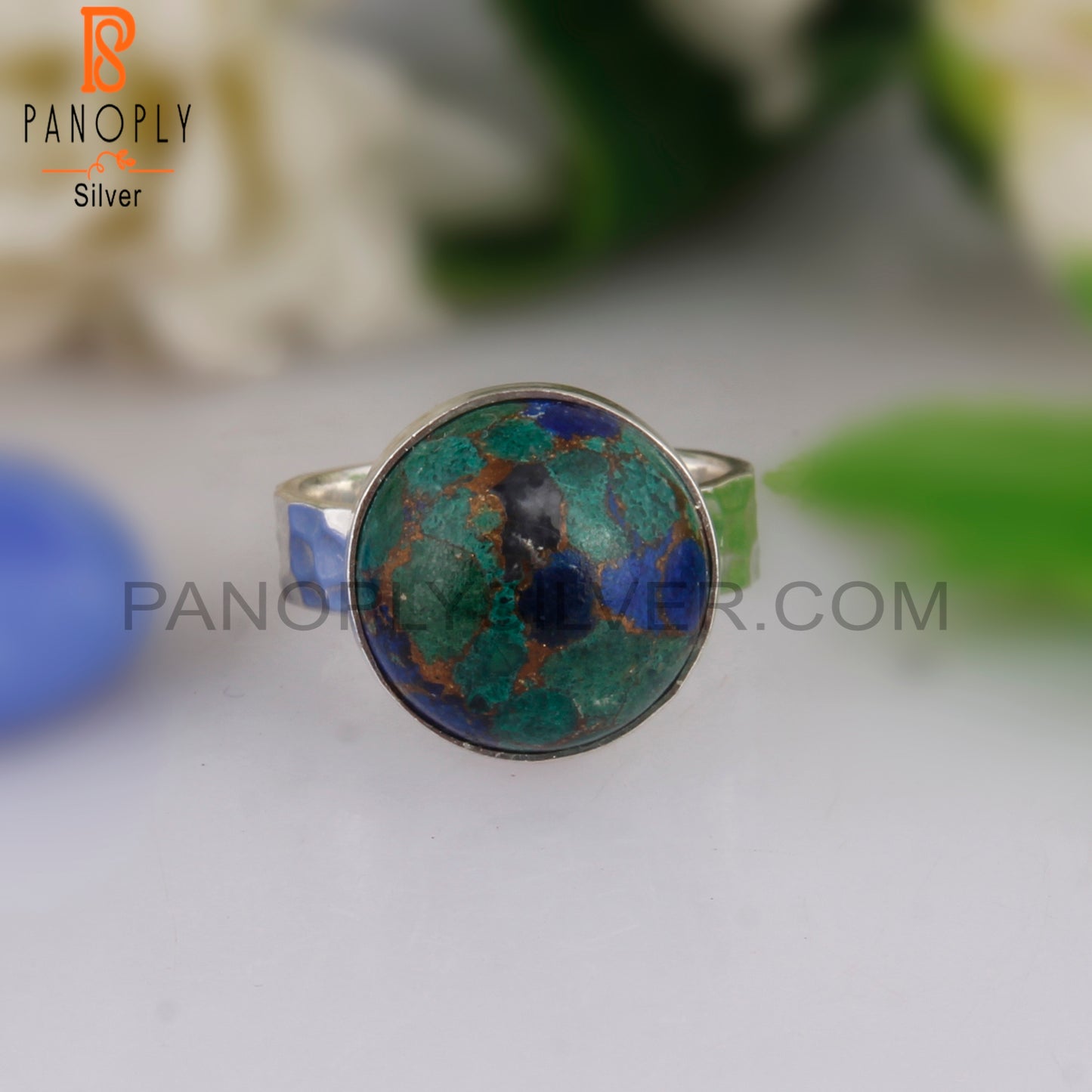 Mojave Azurite Malachite Round 925 Silver Party Wear Ring