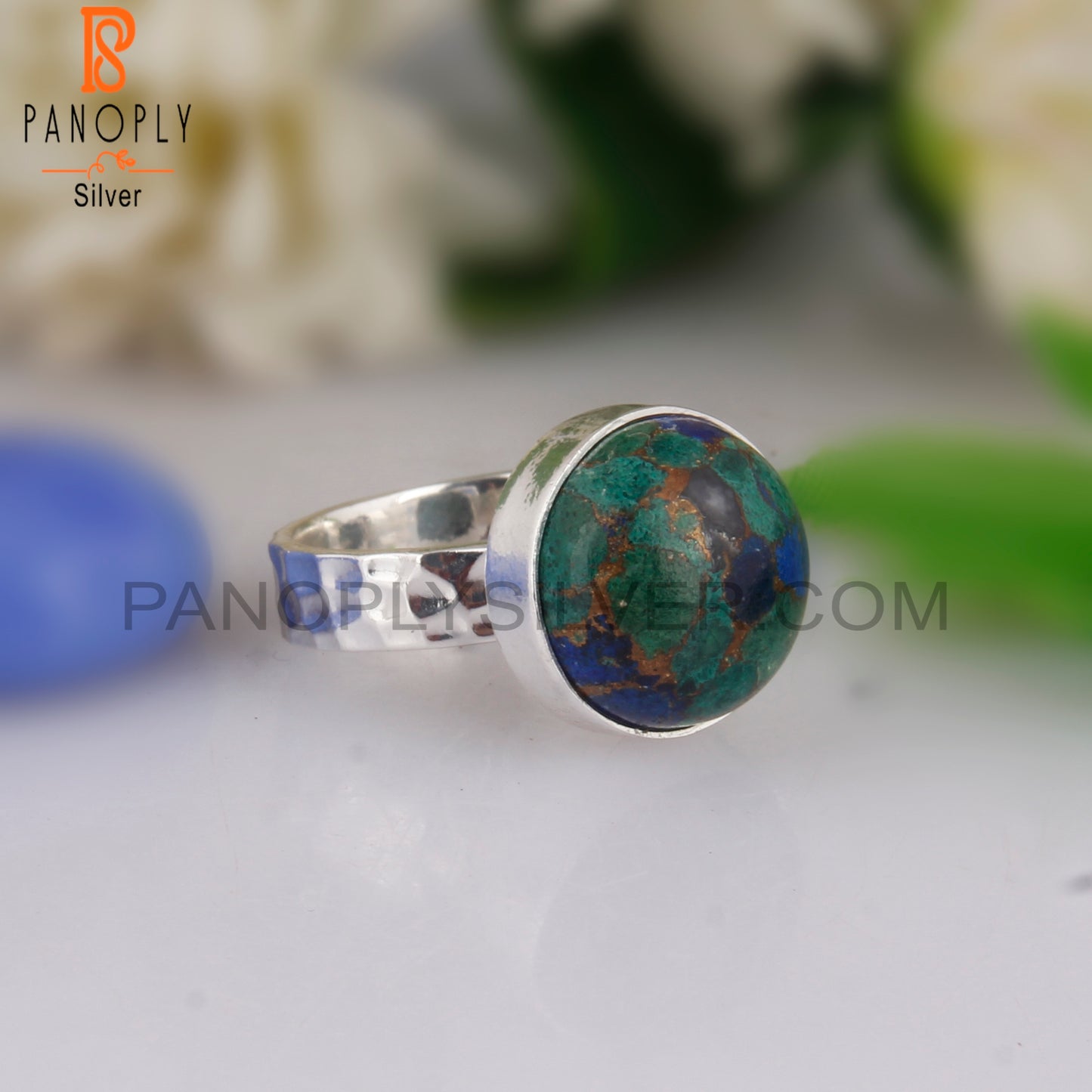 Mojave Azurite Malachite Round 925 Silver Party Wear Ring
