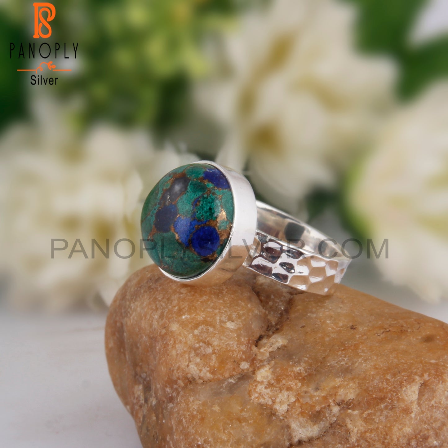 Mojave Azurite Malachite Round 925 Silver Party Wear Ring