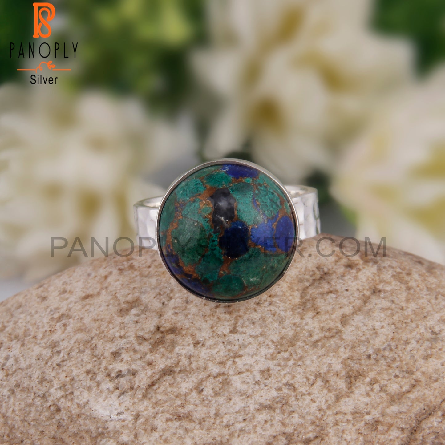 Mojave Azurite Malachite Round 925 Silver Party Wear Ring