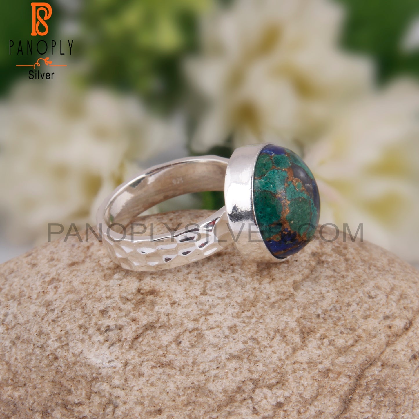Mojave Azurite Malachite Round 925 Silver Party Wear Ring