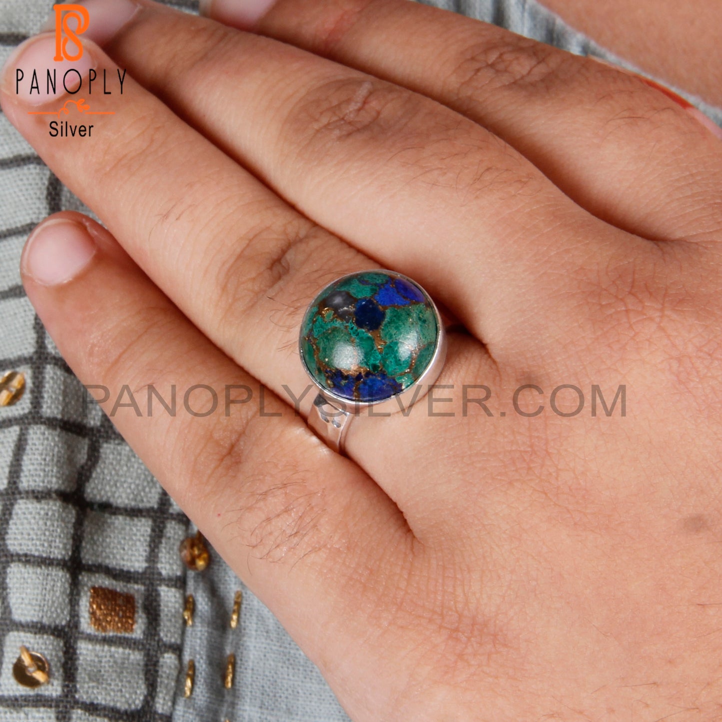 Mojave Azurite Malachite Round 925 Silver Party Wear Ring