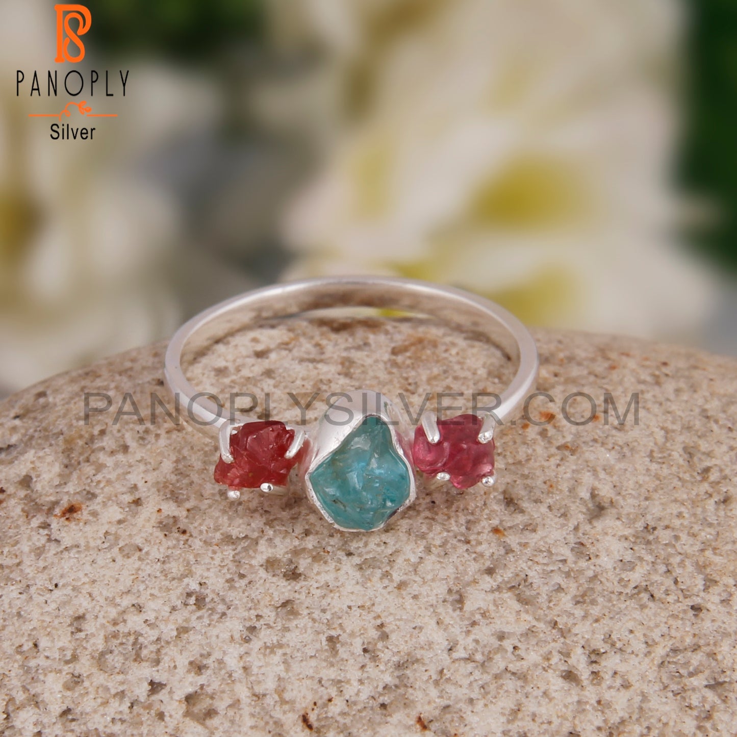 Apatite Gemstone & Spinel Ruby 925 Sterling Silver Ring