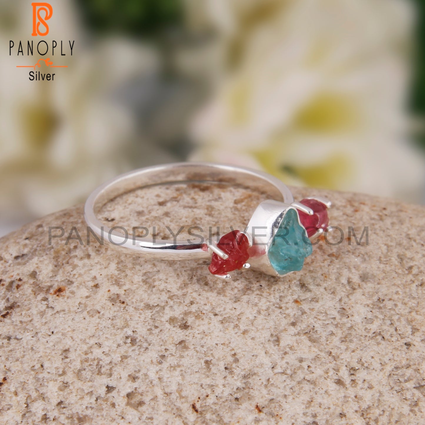 Apatite Gemstone & Spinel Ruby 925 Sterling Silver Ring