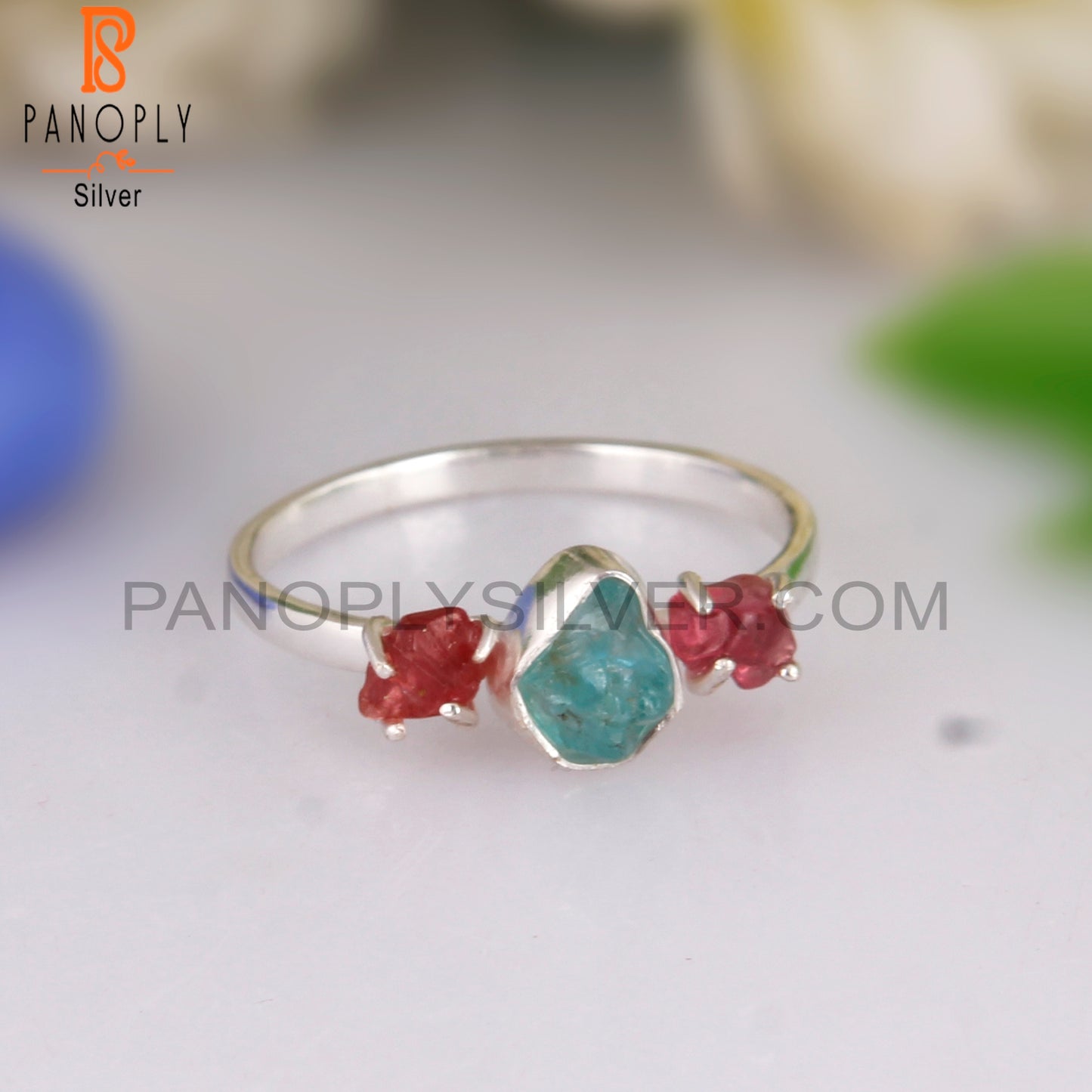 Apatite Gemstone & Spinel Ruby 925 Sterling Silver Ring