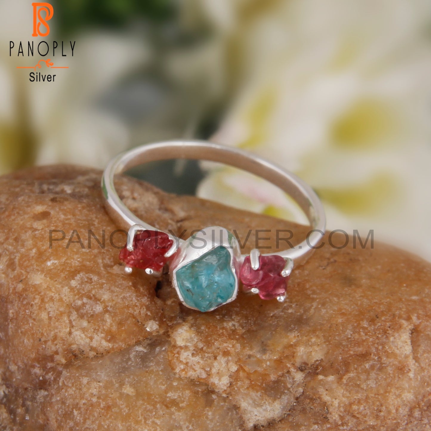 Apatite Gemstone & Spinel Ruby 925 Sterling Silver Ring