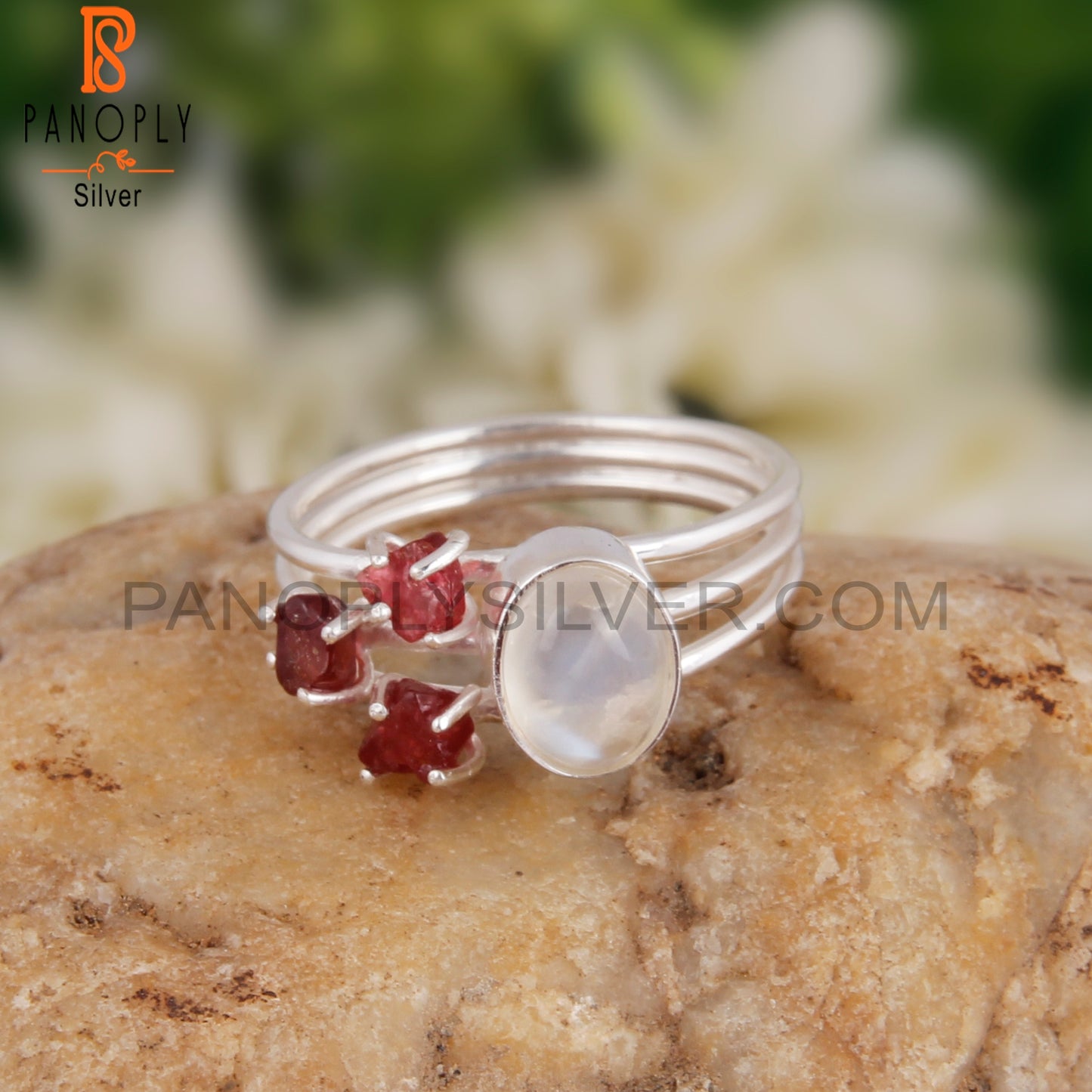 Rainbow Moon Stone & Spinel Ruby Engagement 925 Ring