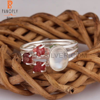 Rainbow Moon Stone & Spinel Ruby Engagement 925 Ring