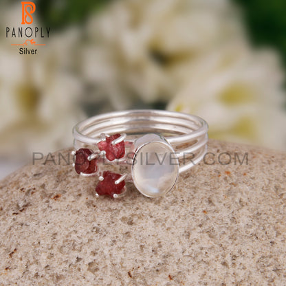 Rainbow Moon Stone & Spinel Ruby Engagement 925 Ring