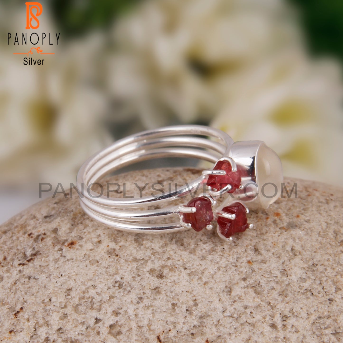 Rainbow Moon Stone & Spinel Ruby Engagement 925 Ring