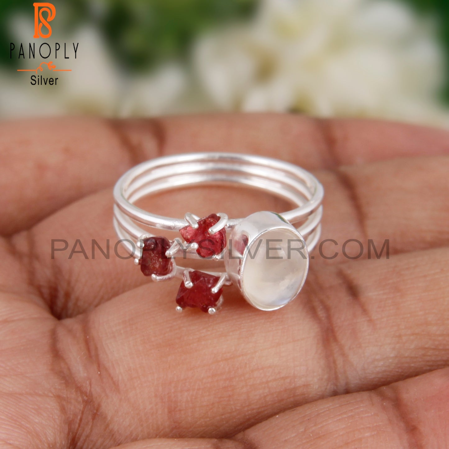 Rainbow Moon Stone & Spinel Ruby Engagement 925 Ring
