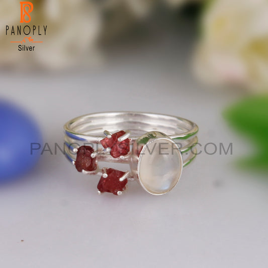 Rainbow Moon Stone & Spinel Ruby Engagement 925 Ring