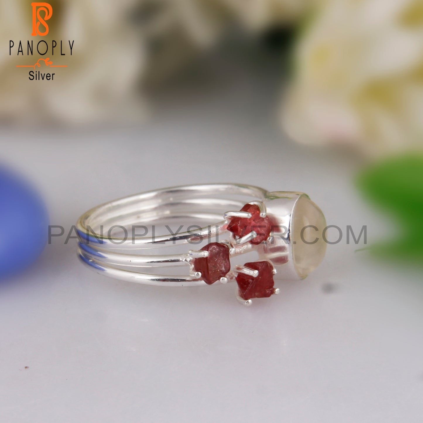Rainbow Moon Stone & Spinel Ruby Engagement 925 Ring