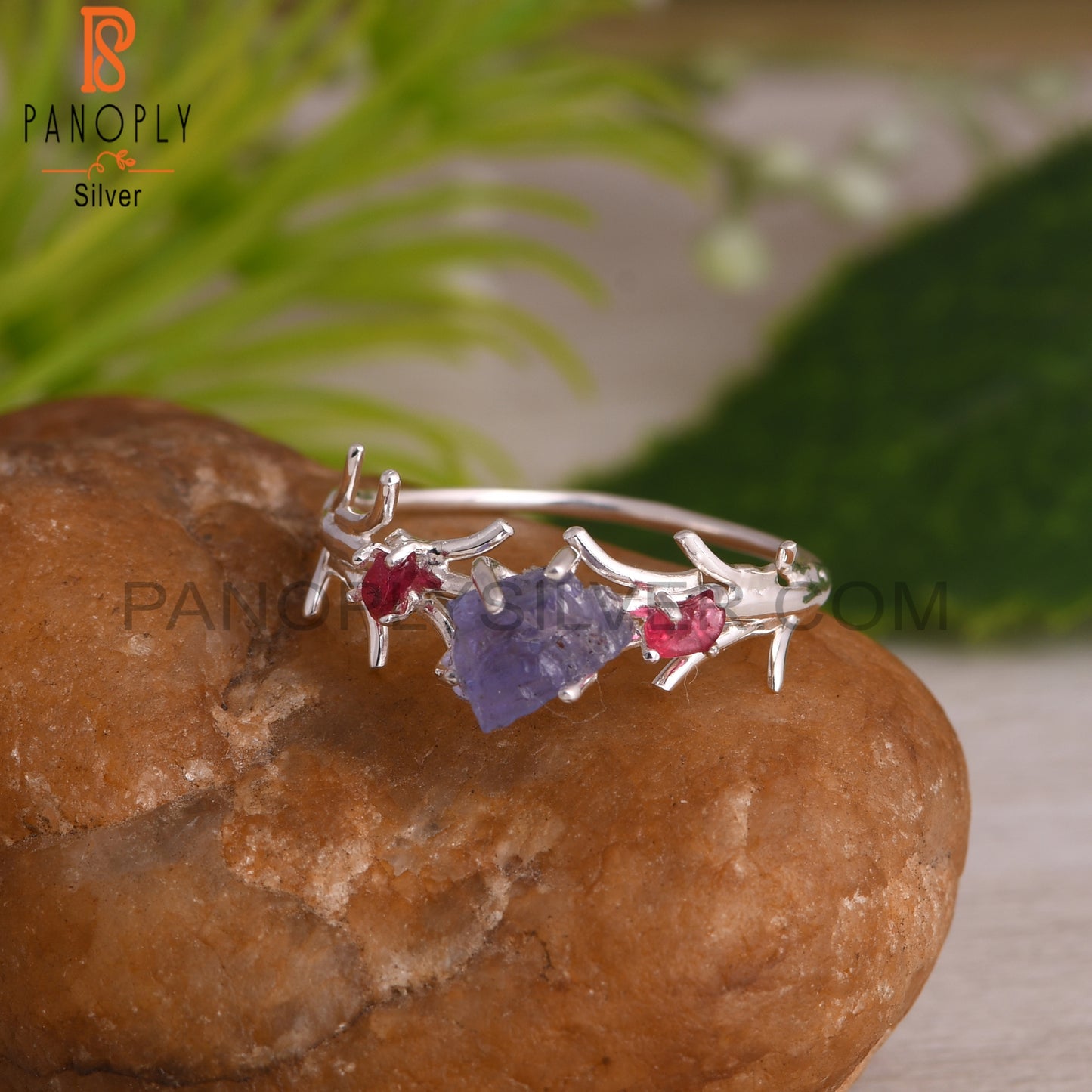 Tanzanite & Spinel Ruby Rough Sterling Silver Ring