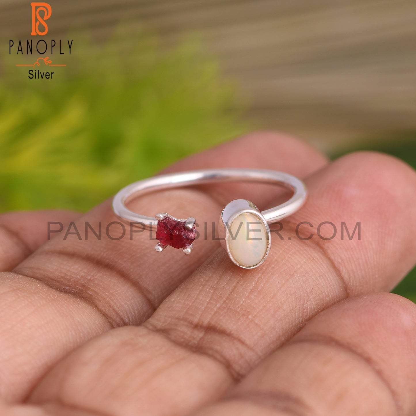 Ethiopian Opal, Spinel Ruby Ajustable 925 Sterling Silver Ring
