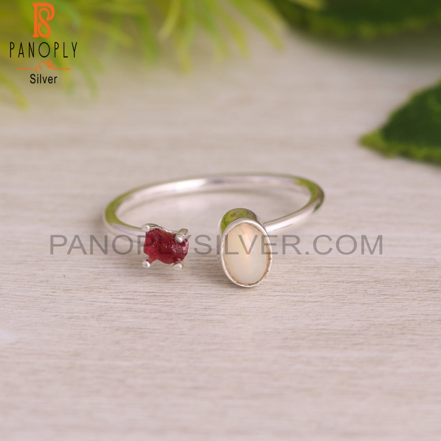 Ethiopian Opal, Spinel Ruby Ajustable 925 Sterling Silver Ring