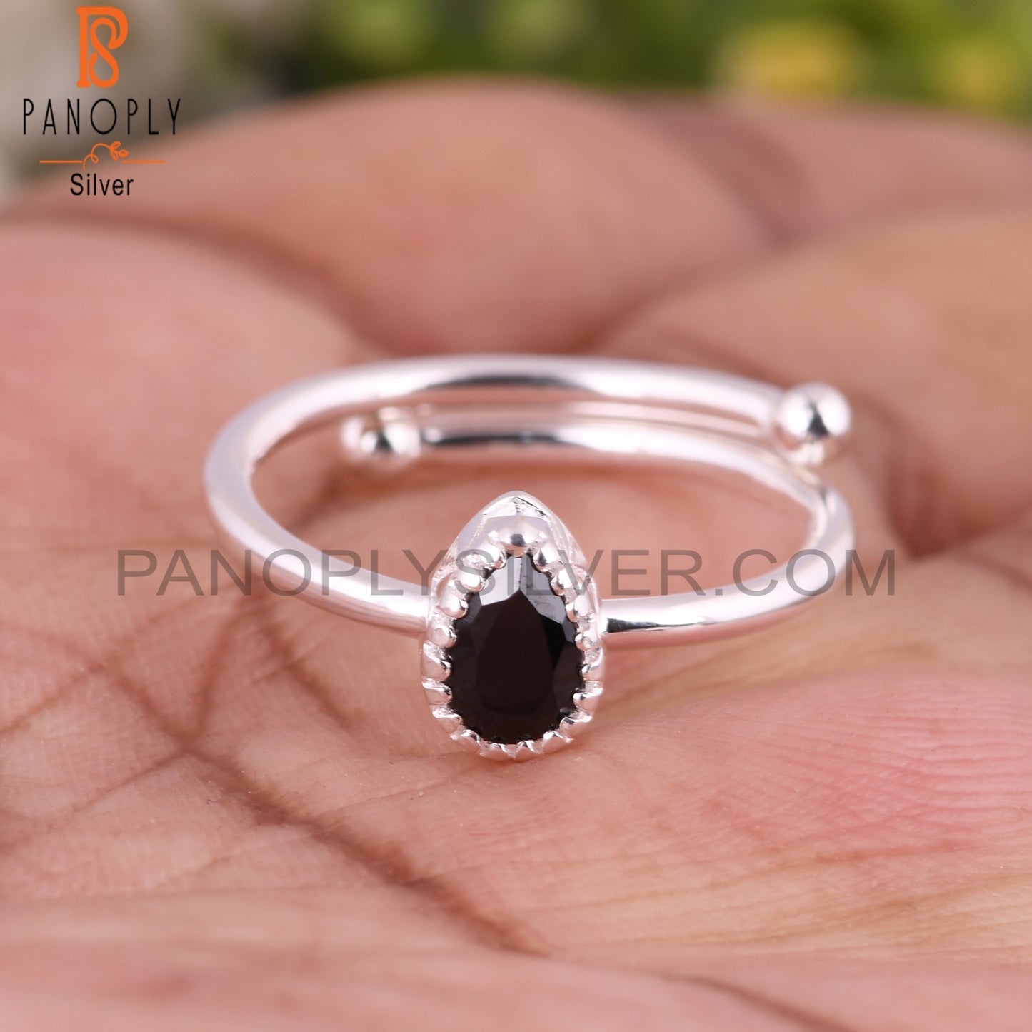 Black Spinel Pear Shape 925 Sterling Silver Ring