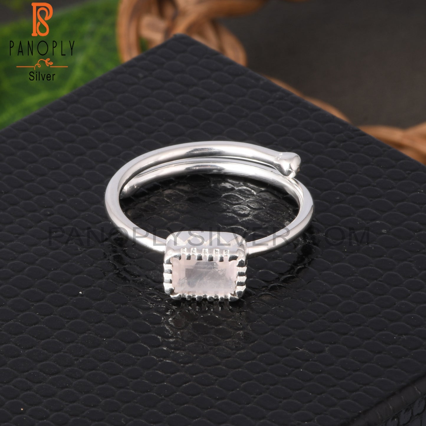 Rose Quartz Baguette Shape 925 Sterling Silver Ring
