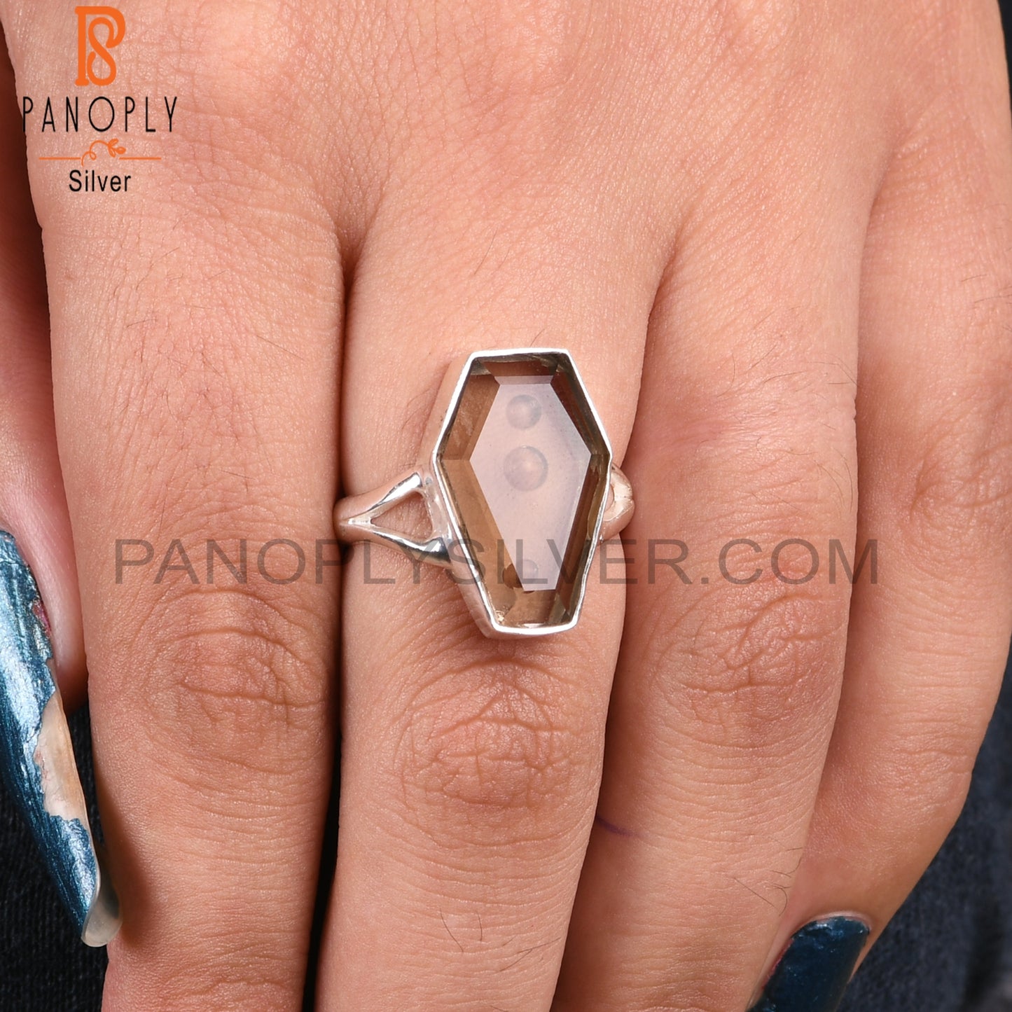 Smoky Coffin Shape 925 Sterling Silver Ring