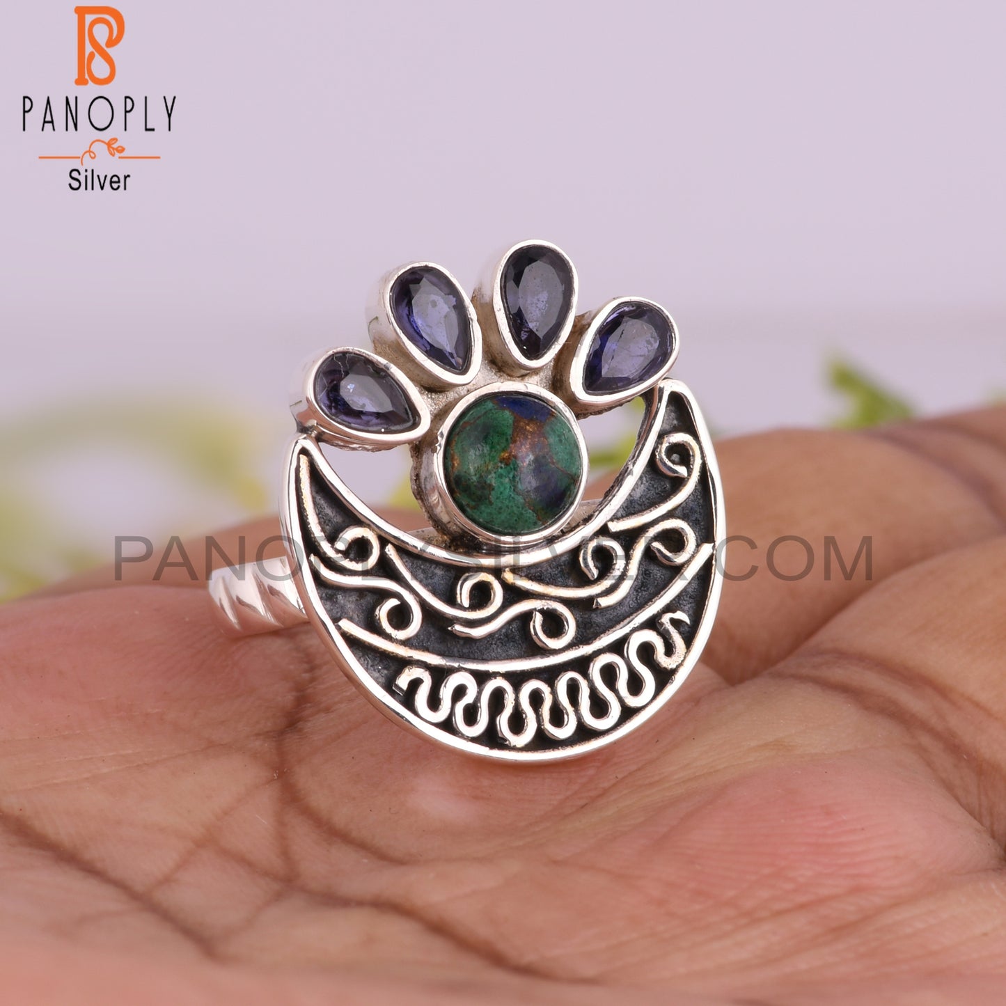 Iolite & Mojave Copper Azurite Malachite 925 Silver Ring