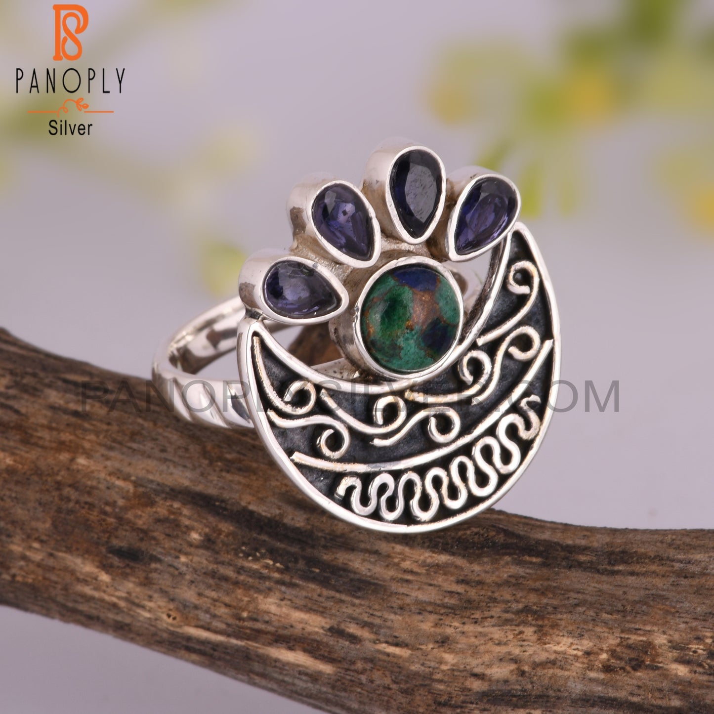 Iolite & Mojave Copper Azurite Malachite 925 Silver Ring